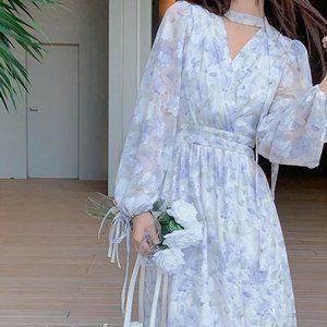 Gentle elegant oil painting floral dress cut floral chiffon MIDI dress for women